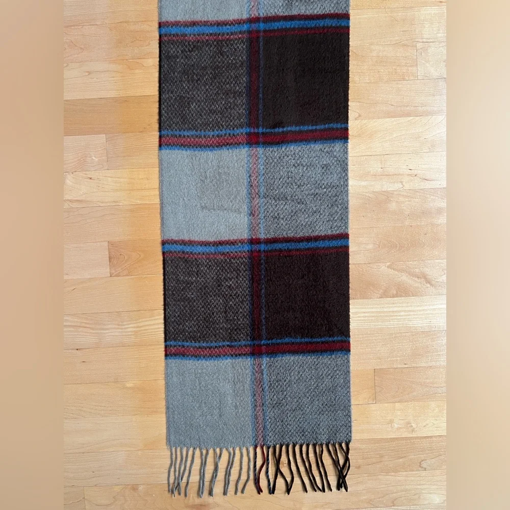 🐑Woodward Plaid Cashmere Wool Fringed Scarf | Taupe Brown Blue + Red